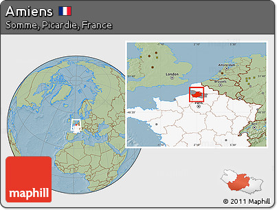 Savanna Style Location Map of Amiens, highlighted country, highlighted parent region, hill shading