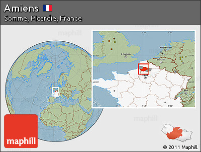 Savanna Style Location Map of Amiens, highlighted country, highlighted parent region, hill shading