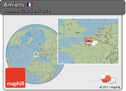 Savanna Style Location Map of Amiens, highlighted parent region, highlighted grandparent region, hill shading