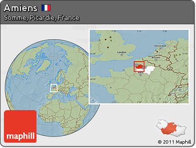 Savanna Style Location Map of Amiens, highlighted parent region, highlighted grandparent region, hill shading