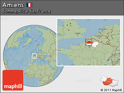 Savanna Style Location Map of Amiens, highlighted parent region, highlighted grandparent region, hill shading