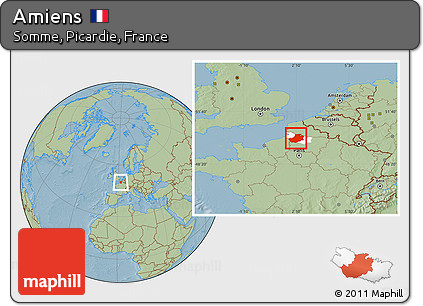 Savanna Style Location Map of Amiens, highlighted parent region, hill shading