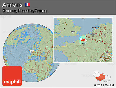 Savanna Style Location Map of Amiens, highlighted parent region, hill shading
