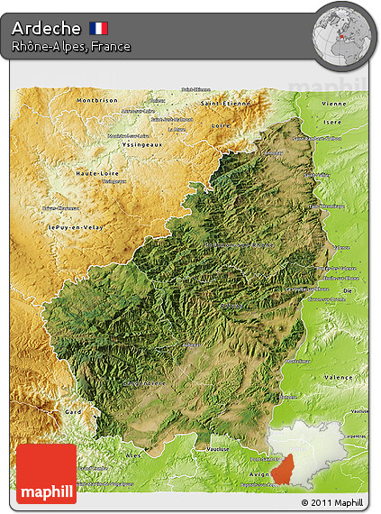 Satellite 3D Map of Ardeche, physical outside