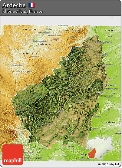 Satellite 3D Map of Ardeche, physical outside