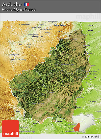 Satellite 3D Map of Ardeche, physical outside