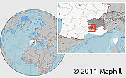 Gray Location Map of Privas, highlighted country, highlighted grandparent region, hill shading