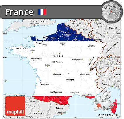 Flag Simple Map of France, single color outside, borders and labels, flag aligned to the middle
