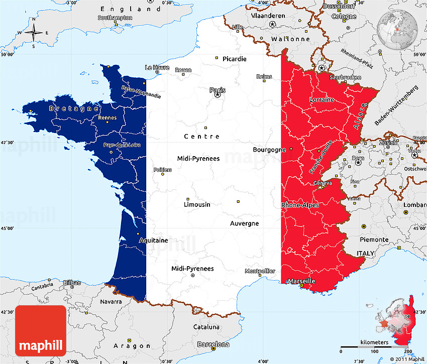 Flag Simple Map of France, single color outside, borders and labels