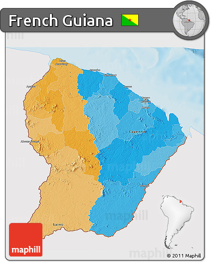 Political 3D Map of French Guiana, single color outside, shaded relief sea