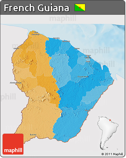 Political 3D Map of French Guiana, single color outside, shaded relief sea