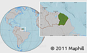 Satellite Location Map of French Guiana, gray outside, hill shading