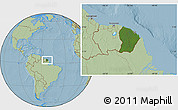 Satellite Location Map of French Guiana, savanna style outside, hill shading