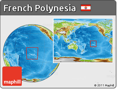Physical Location Map of French Polynesia, within the entire continent