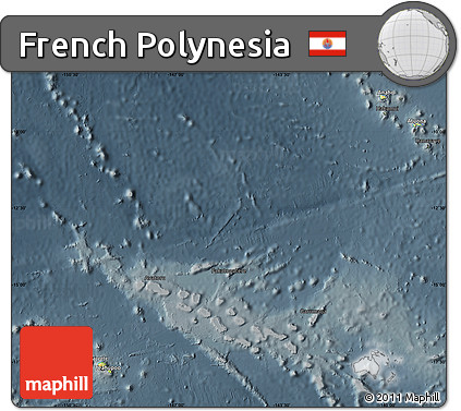 Physical Map of French Polynesia, darken, semi-desaturated