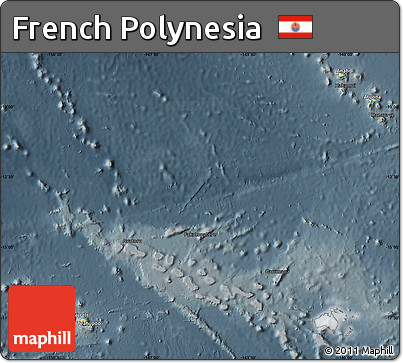 Physical Map of French Polynesia, darken, semi-desaturated