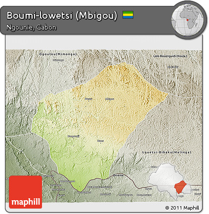 Physical 3D Map of Boumi-lowetsi (Mbigou), semi-desaturated