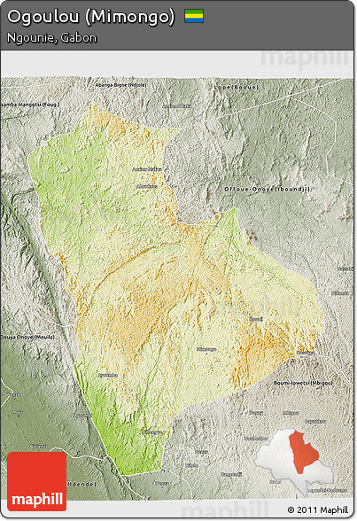 Physical 3D Map of Ogoulou (Mimongo), semi-desaturated
