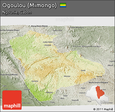 Physical Panoramic Map of Ogoulou (Mimongo), semi-desaturated