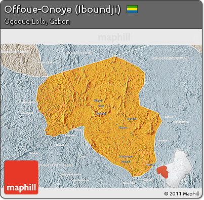 Political 3D Map of Offoue-Onoye (Iboundji), lighten, semi-desaturated