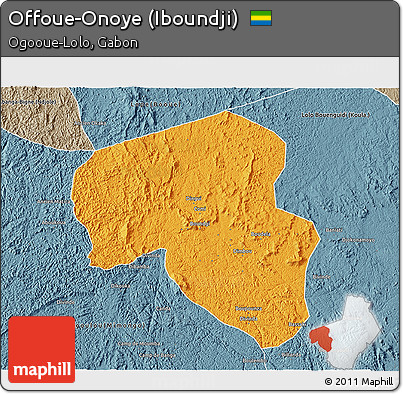 Political 3D Map of Offoue-Onoye (Iboundji), semi-desaturated