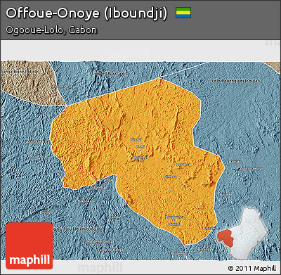 Political 3D Map of Offoue-Onoye (Iboundji), semi-desaturated