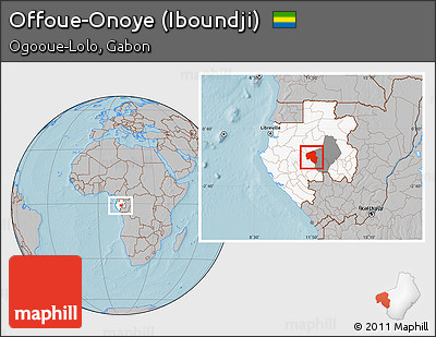 Gray Location Map of Offoue-Onoye (Iboundji), highlighted country, highlighted parent region, hill shading