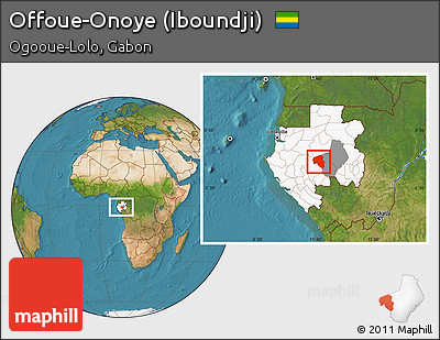 Satellite Location Map of Offoue-Onoye (Iboundji), highlighted country, highlighted parent region, within the entire country