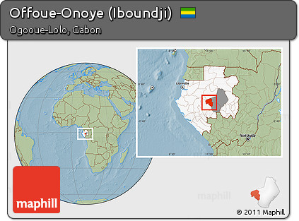 Savanna Style Location Map of Offoue-Onoye (Iboundji), highlighted country, highlighted parent region, hill shading