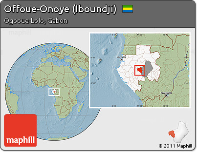 Savanna Style Location Map of Offoue-Onoye (Iboundji), highlighted country, highlighted parent region, hill shading