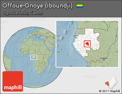 Savanna Style Location Map of Offoue-Onoye (Iboundji), highlighted country, hill shading
