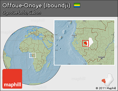 Savanna Style Location Map of Offoue-Onoye (Iboundji), highlighted parent region, within the entire country, hill shading