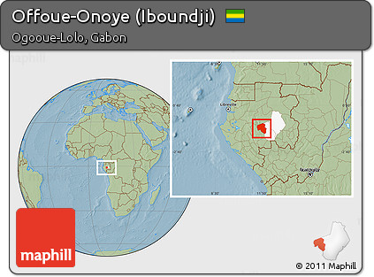 Savanna Style Location Map of Offoue-Onoye (Iboundji), highlighted parent region, hill shading