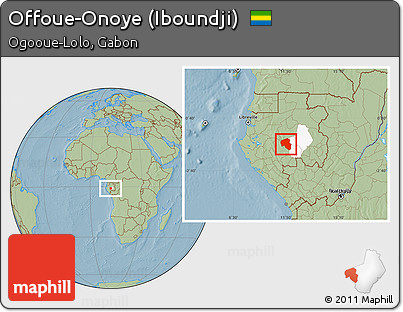 Savanna Style Location Map of Offoue-Onoye (Iboundji), highlighted parent region, hill shading