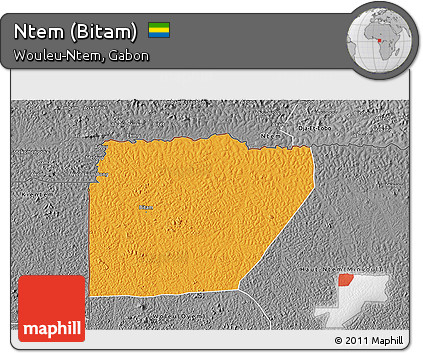 Political 3D Map of Ntem (Bitam), desaturated