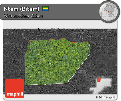Satellite 3D Map of Ntem (Bitam), darken, desaturated