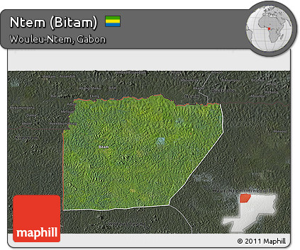Satellite 3D Map of Ntem (Bitam), darken, semi-desaturated