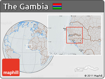 Gray Location Map of the Gambia, lighten, semi-desaturated, hill shading