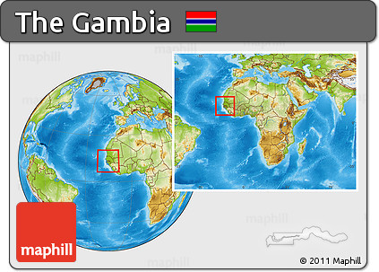 Physical Location Map of the Gambia, within the entire continent