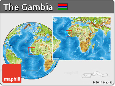 Physical Location Map of the Gambia, within the entire continent