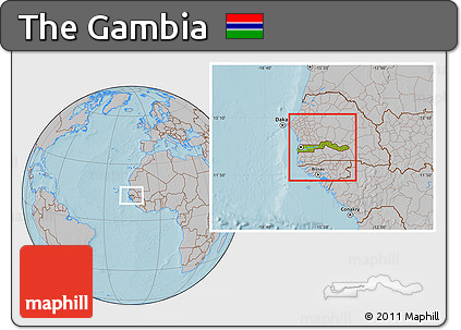 Physical Location Map of the Gambia, gray outside, hill shading