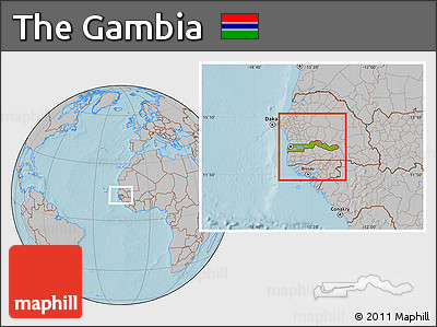 Physical Location Map of the Gambia, gray outside, hill shading