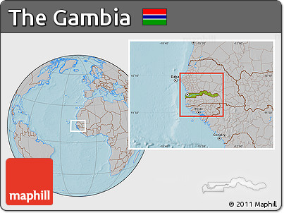 Physical Location Map of the Gambia, gray outside, hill shading