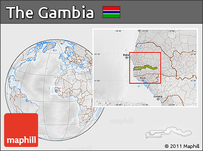 Physical Location Map of the Gambia, lighten, desaturated