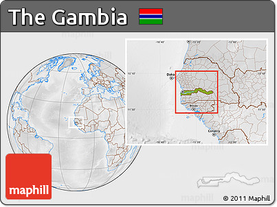 Physical Location Map of the Gambia, lighten, desaturated