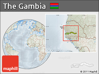 Physical Location Map of the Gambia, lighten, semi-desaturated