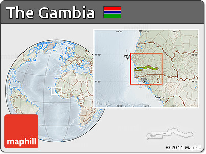 Physical Location Map of the Gambia, lighten, semi-desaturated