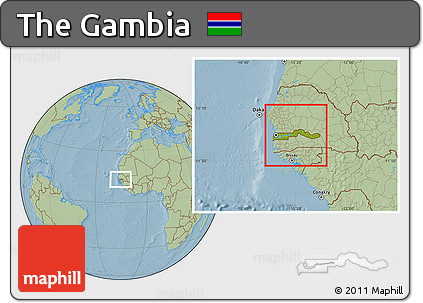 Physical Location Map of the Gambia, savanna style outside, hill shading