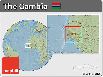 Physical Location Map of the Gambia, savanna style outside, hill shading