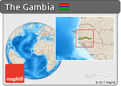Physical Location Map of the Gambia, shaded relief outside